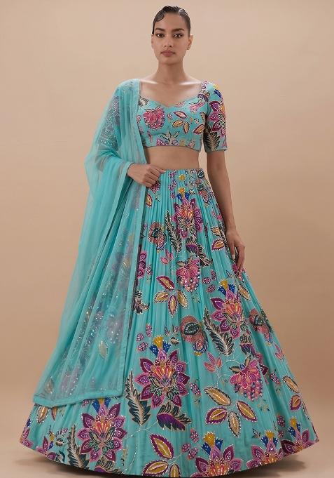 Turquoise Blue Printed Organza Lehenga Set