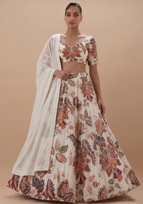 Off-White Printed Organza Lehenga Set