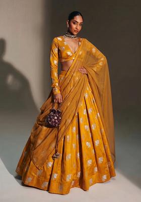 Mustard Yellow Brocade Lehenga Set
