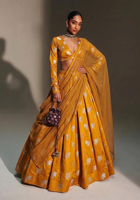 Mustard Yellow Brocade Lehenga Set