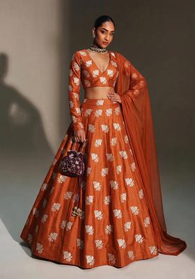 Rust Orange Brocade Lehenga Set