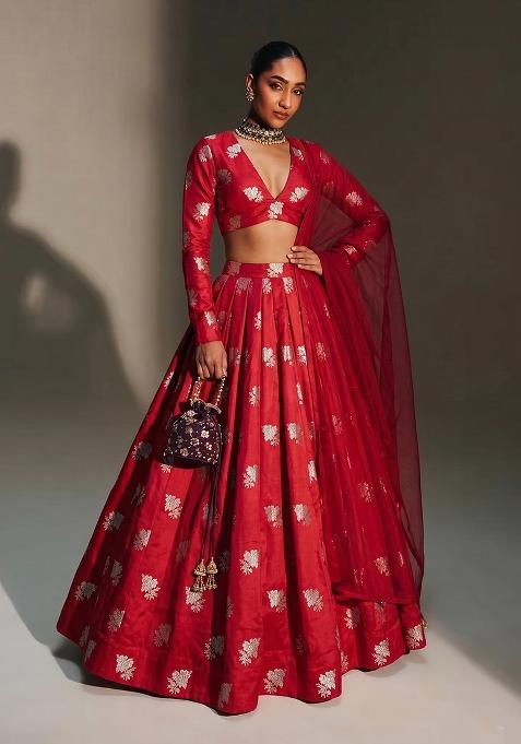 Crimson Red Brocade Lehenga Set