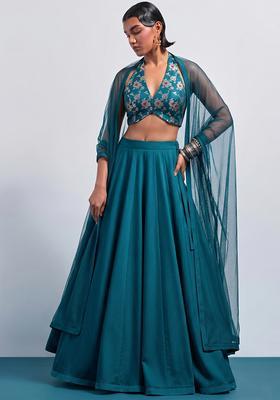 Deep Teal Brocade Lehenga Set