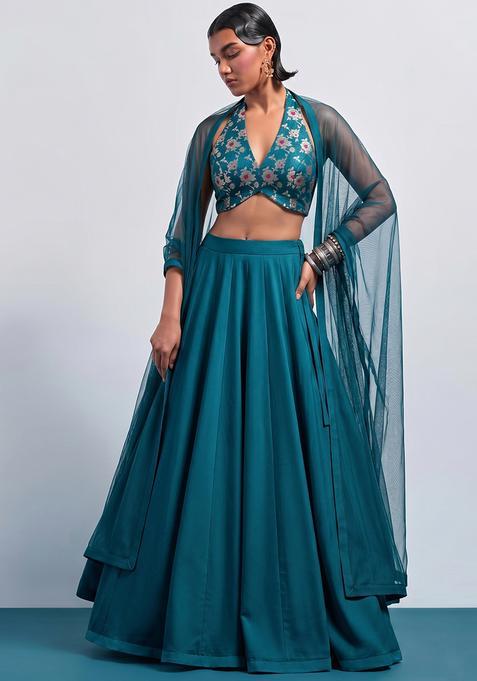 Deep Teal Brocade Lehenga Set