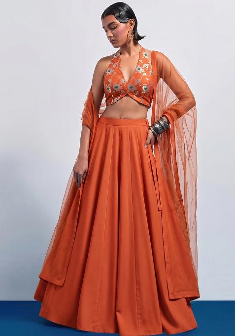 Burnt Orange Brocade Lehenga Set