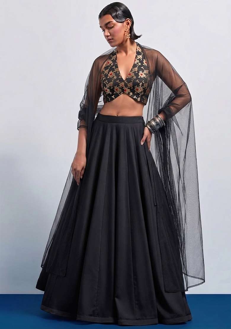 Jet Black Brocade Lehenga Set for Diwali | Wedding & Festive Wear - Indya