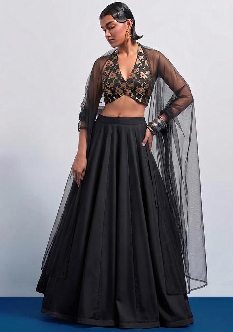 Jet Black Brocade Lehenga Set