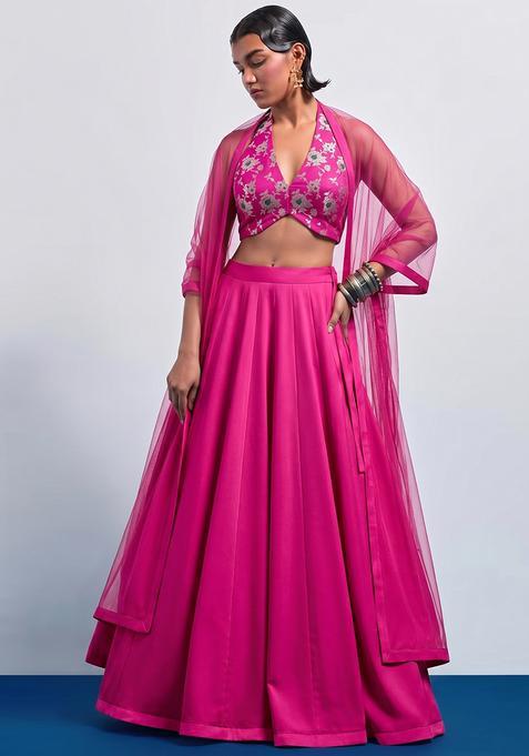 Fuchsia Pink Brocade Lehenga Set