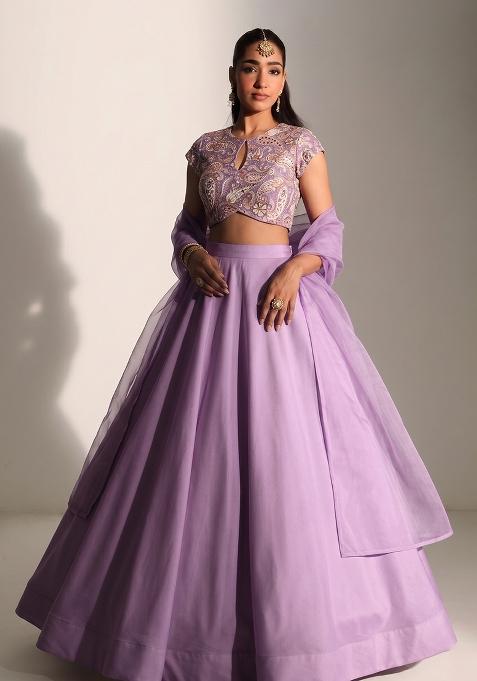 Lavender Printed Crepe Lehenga Set