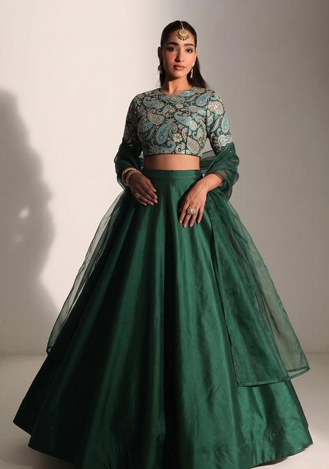 Bottle Green Printed Crepe Lehenga Set