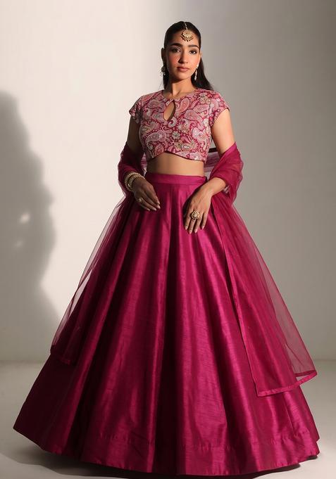 Magenta Printed Crepe Lehenga Set