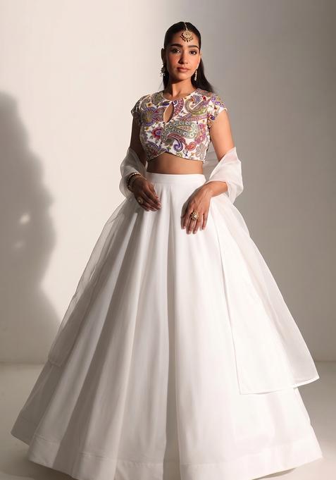 White Printed Crepe Lehenga Set