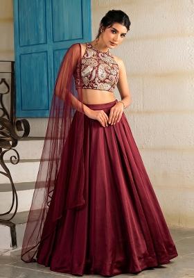Deep Maroon Printed Crepe Lehenga Set