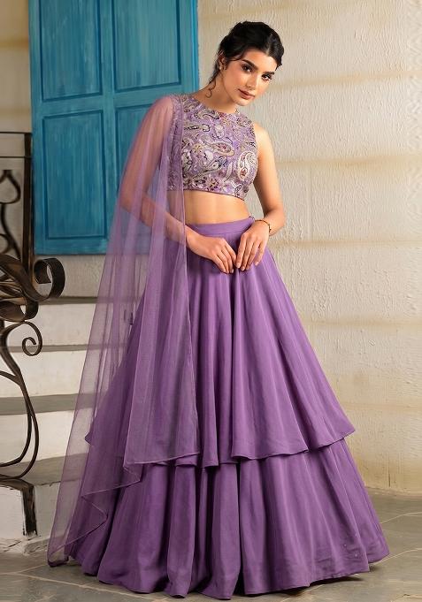Lavender Printed Crepe Lehenga Set