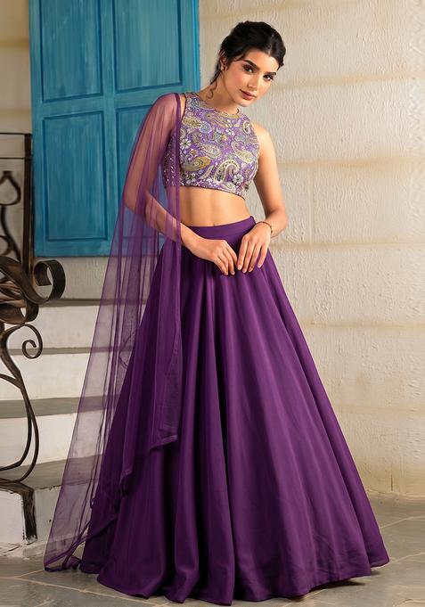 Deep Purple Printed Crepe Lehenga Set