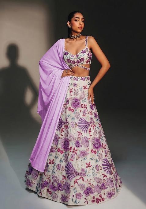 Purple Printed Organza Lehenga Set
