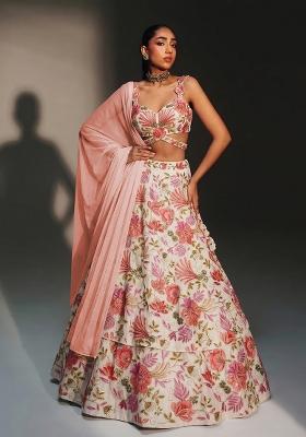 Rust Printed Organza Lehenga Set