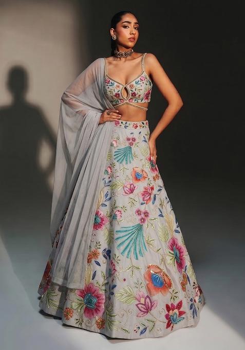 Light Grey Printed Organza Lehenga Set