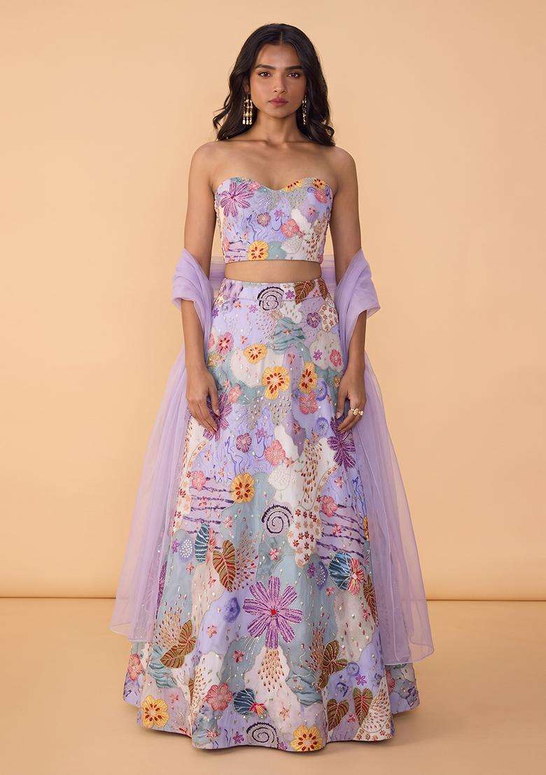 Lavender Printed Crepe Lehenga Set - Indya