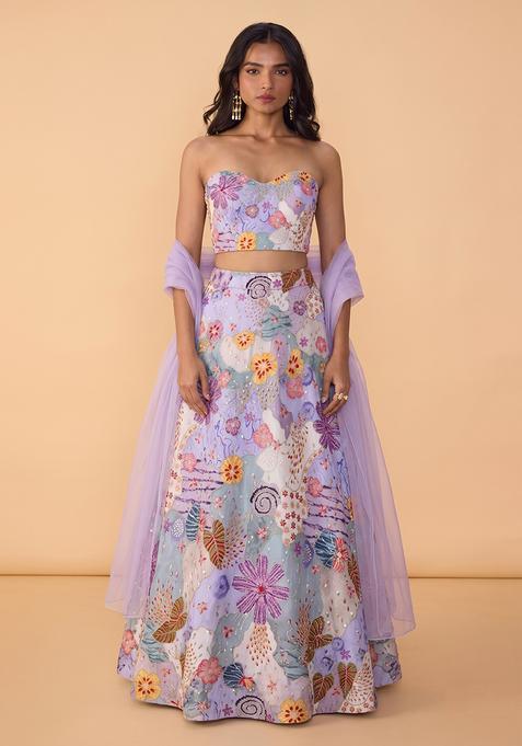 Lavender Printed Crepe Lehenga Set
