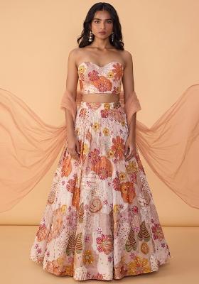 Peach Printed Crepe Lehenga Set