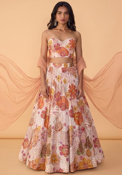 Peach Printed Crepe Lehenga Set