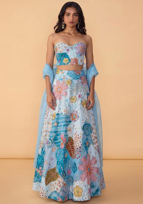 Powder Blue Printed Crepe Lehenga Set