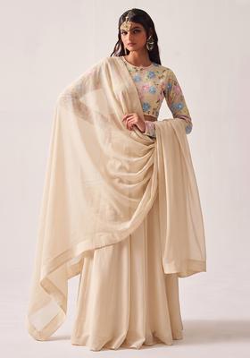 Cream Embroidered Chanderi Lehenga Set
