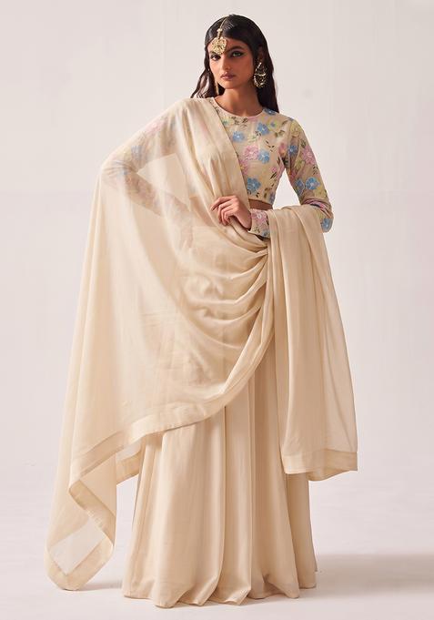 Cream Embroidered Chanderi Lehenga Set