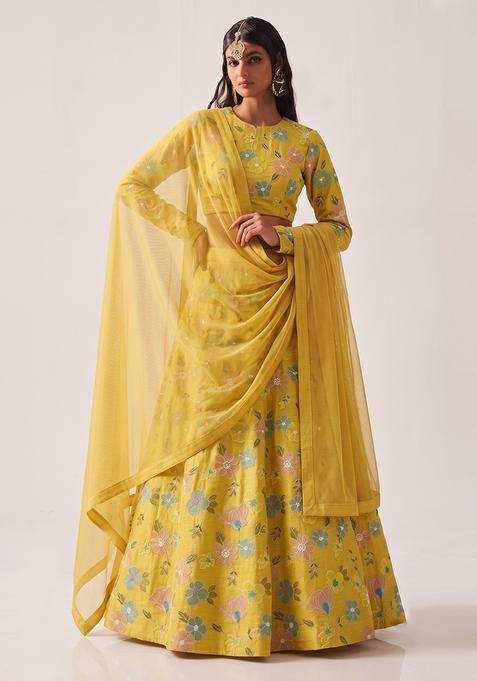 Mustard Yellow Embroidered Chanderi Lehenga Set