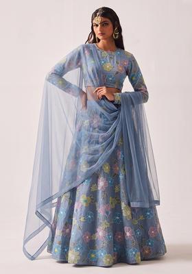 Slate Blue Embroidered Cosmos Lehenga Set