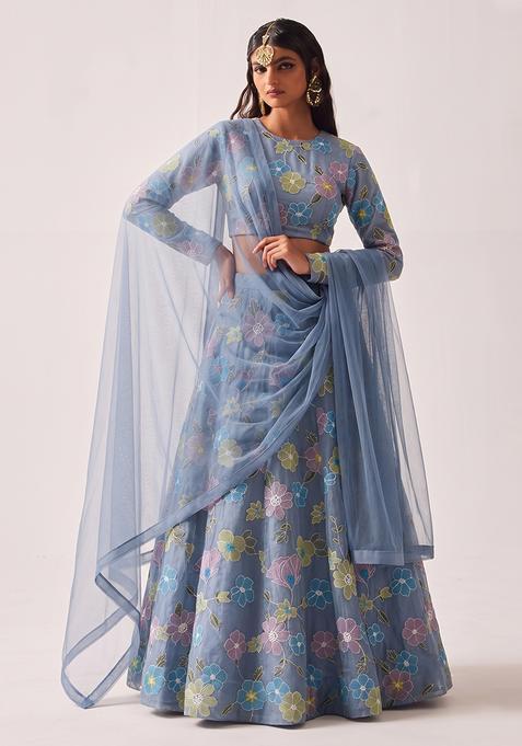 Slate Blue Embroidered Cosmos Lehenga Set