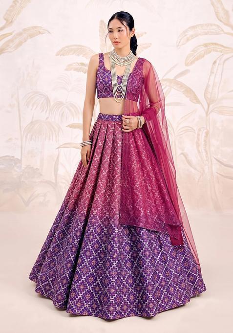 Ombre Green Printed Silk Lehenga Set