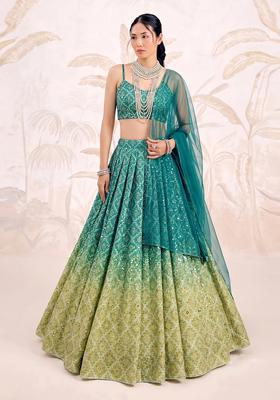 Ombre Green Printed Silk Blend Lehenga Set