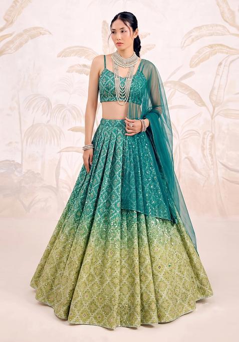 Ombre Green Printed Silk Lehenga Set