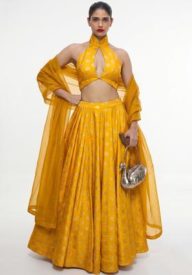 Mustard Yellow Zari Satin Lehenga Set