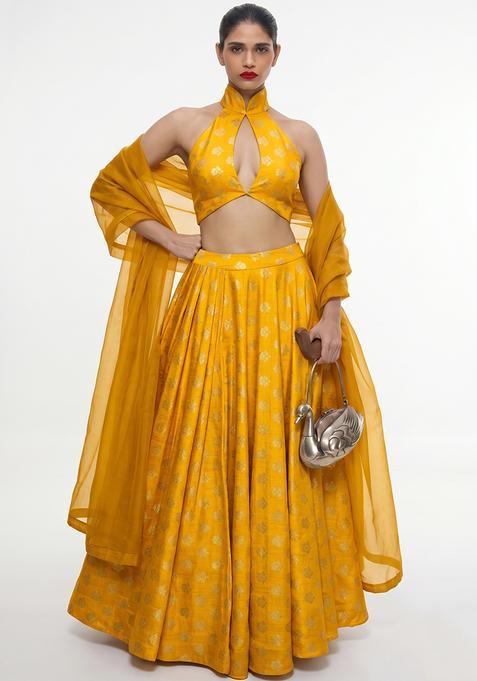 Mustard Yellow Zari Satin Lehenga Set