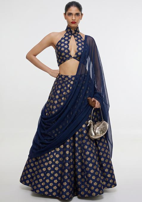 Navy Blue Zari Satin Lehenga Set