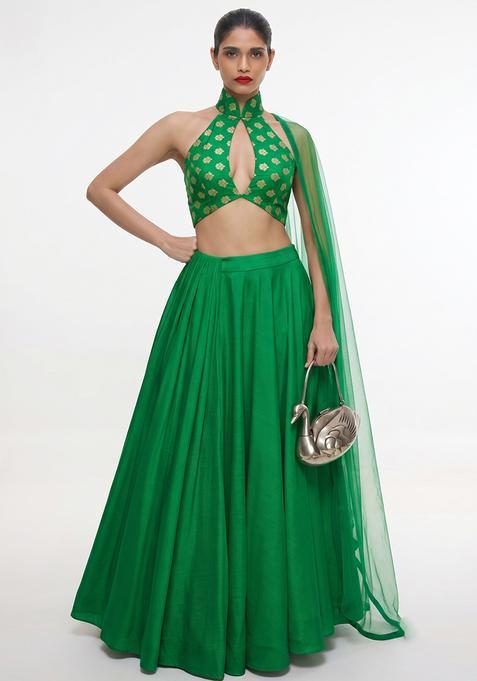 Emerald Green Zari Satin Lehenga Set