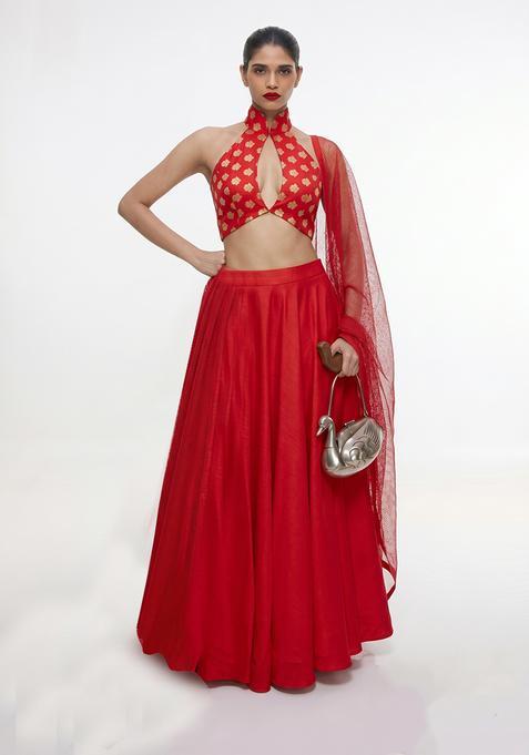 Scarlet Red Zari Satin Lehenga Set