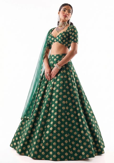 Bottle Green Zari Satin Lehenga Set
