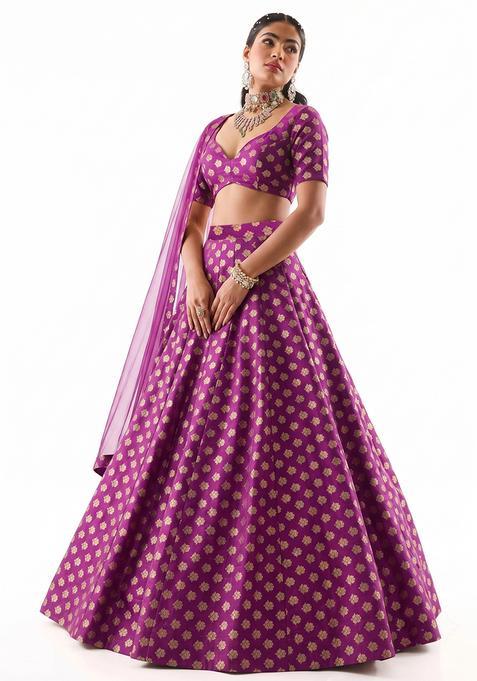 Magenta Purple Zari Satin Lehenga Set