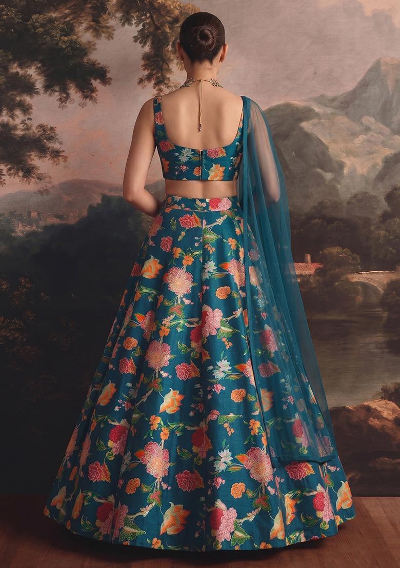 Teal Blue Printed Organza Lehenga Set - Indya