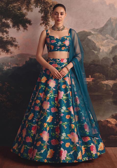 Teal Blue Printed Organza Lehenga Set