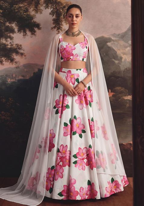 Off White Printed Organza Lehenga Set