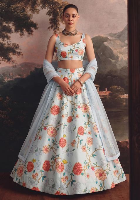 Powder Blue Printed Organza Lehenga Set