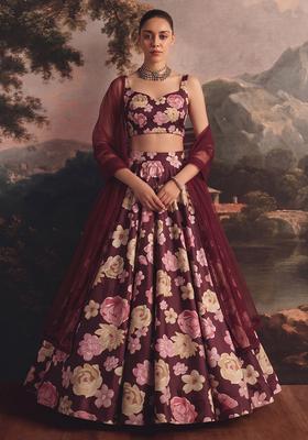 Deep Wine Printed Organza Lehenga Set