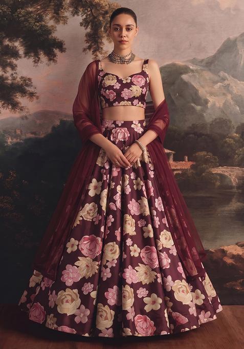 Deep Wine Printed Organza Lehenga Set