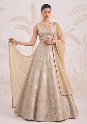 Beige Zari Silk Blend Lehenga Set