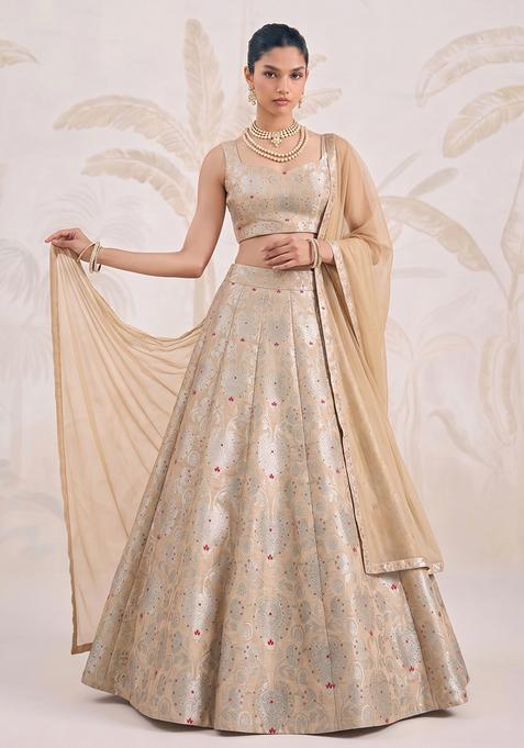 Beige Zari Silk Lehenga Set